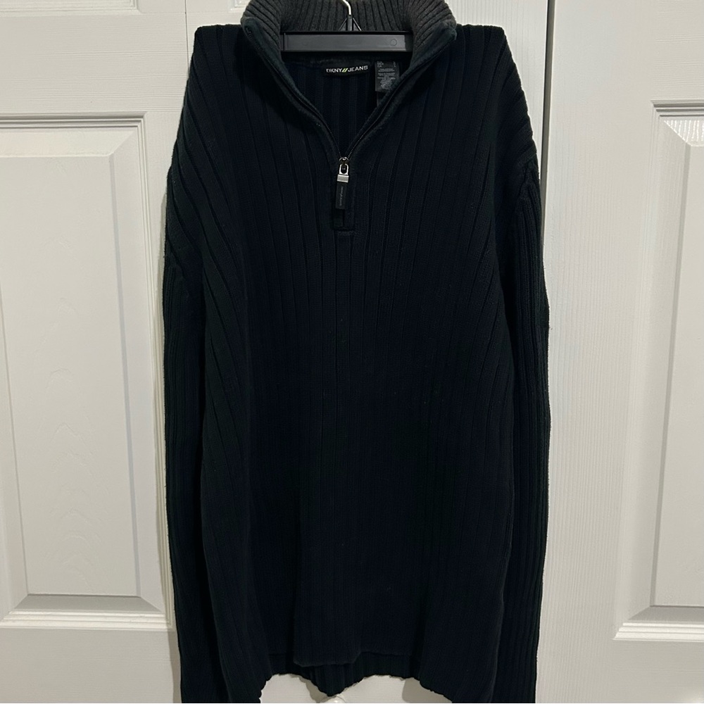 Vintage DKNY Black Quarter Zip Sweater Large 100% Wool Y2K Thermal